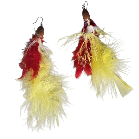 Silver Plated Red Yellow Feather Dangle Earrings - Picture 2 of 3